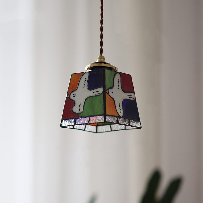 Traditional Vintage Square Peace Dove Copper Glass 1-Light Pendant Light For Living Room