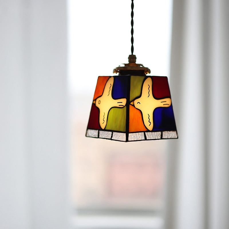 Traditional Vintage Square Peace Dove Copper Glass 1-Light Pendant Light For Living Room