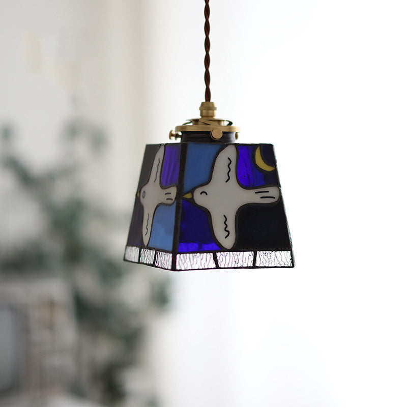 Traditional Vintage Square Peace Dove Copper Glass 1-Light Pendant Light For Living Room