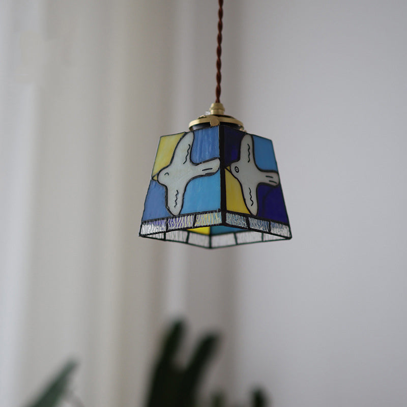 Traditional Vintage Square Peace Dove Copper Glass 1-Light Pendant Light For Living Room