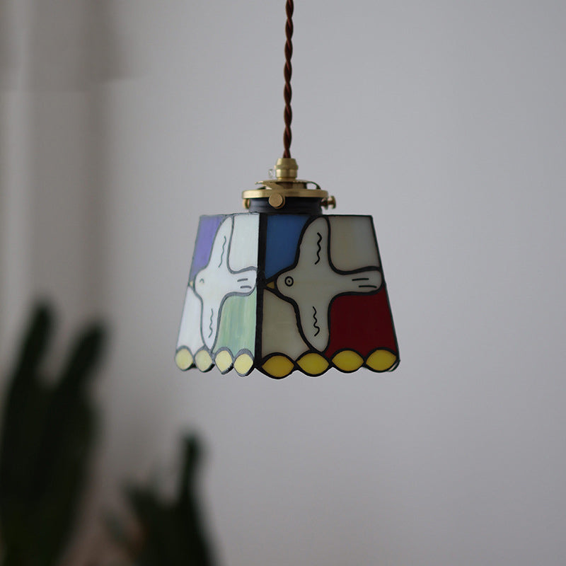 Traditional Vintage Square Peace Dove Copper Glass 1-Light Pendant Light For Living Room