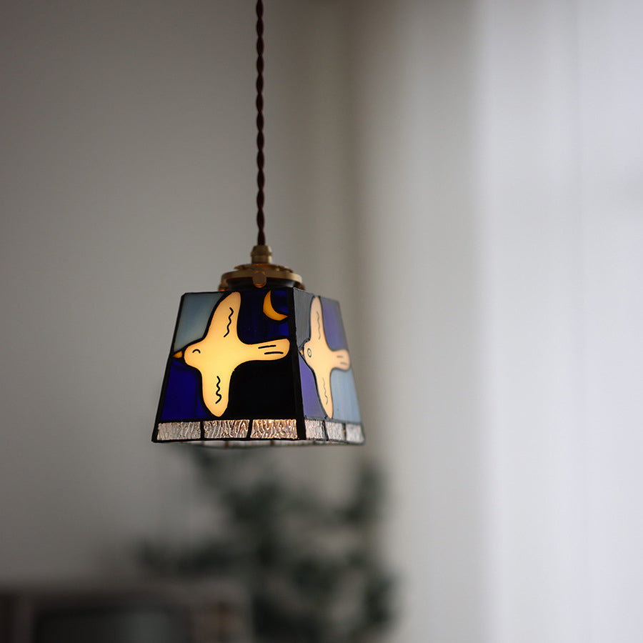 Traditional Vintage Square Peace Dove Copper Glass 1-Light Pendant Light For Living Room