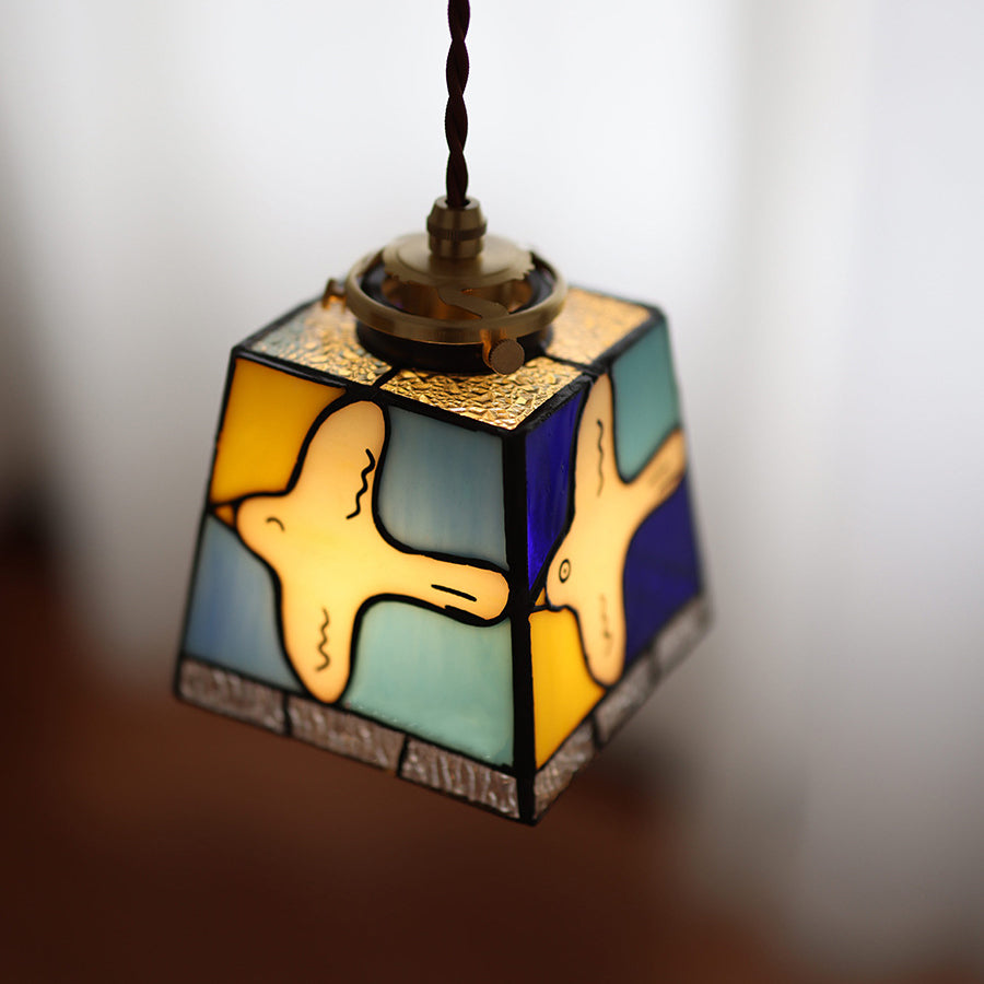Traditional Vintage Square Peace Dove Copper Glass 1-Light Pendant Light For Living Room