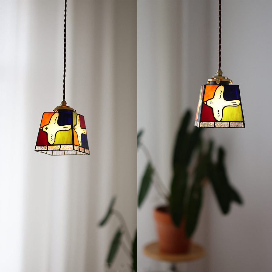 Traditional Vintage Square Peace Dove Copper Glass 1-Light Pendant Light For Living Room