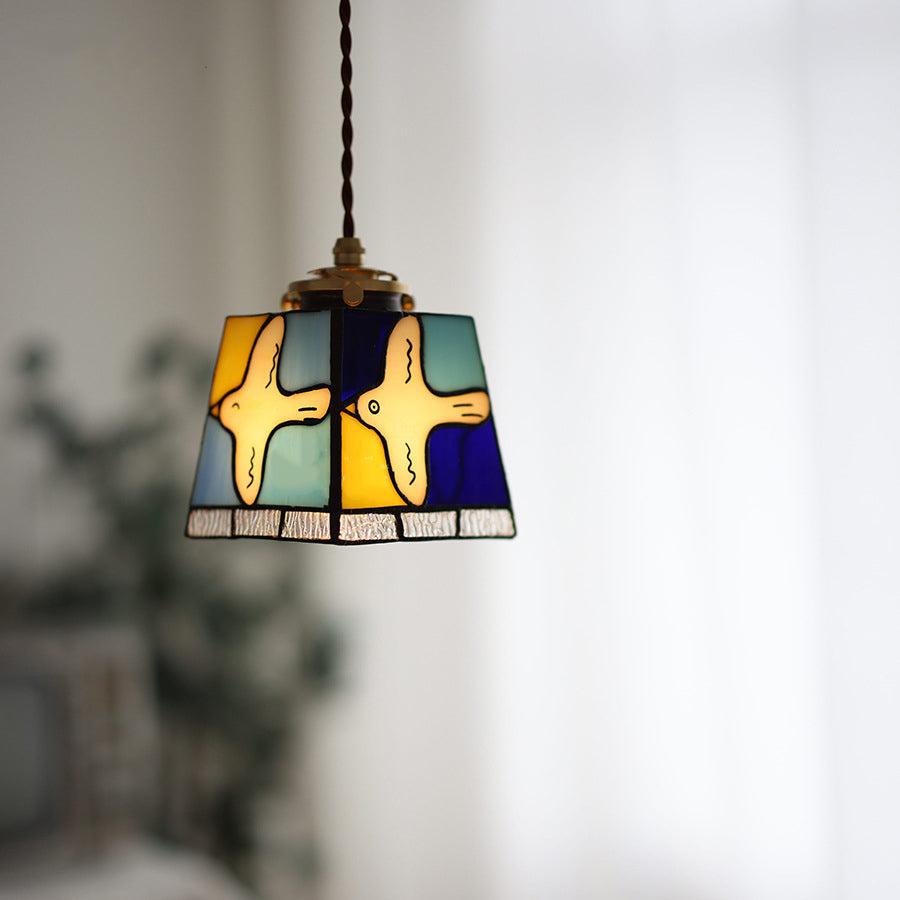 Traditional Vintage Square Peace Dove Copper Glass 1-Light Pendant Light For Living Room