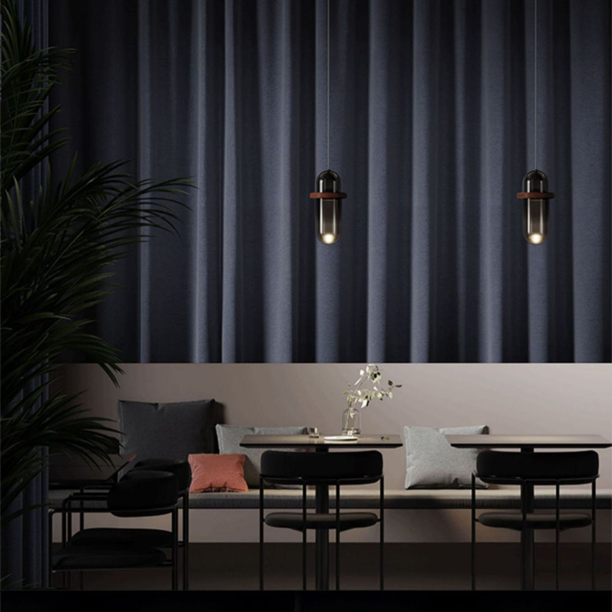 Moderne minimalistische Zylinder-LED-Pendelleuchte aus Glas und Eisen mit Farbverlauf fürs Schlafzimmer