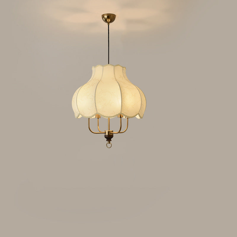 Traditional French Round Flower Shape Solid Wood Iron Frame Fabric 4/5 Light Pendant Light For Living Room