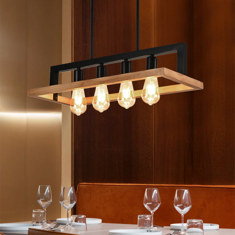 Modern Minimalist Rectangle Wood Iron 4-Light Island Light Chandelier For Dining Room