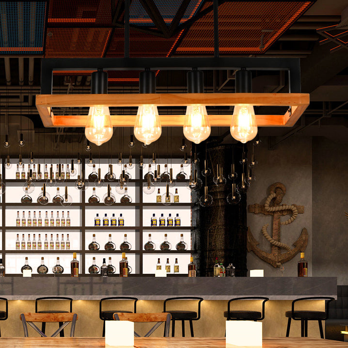 Modern Minimalist Rectangle Wood Iron 4-Light Island Light Chandelier For Dining Room