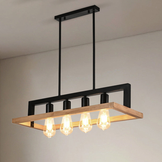 Modern Minimalist Rectangle Wood Iron 4-Light Island Light Chandelier For Dining Room