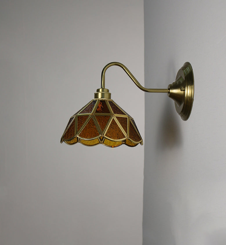 Traditional Vintage Domed Cylinder Flower Copper Iron Glass 1-Light Wall Sconce Lamp For Living Room
