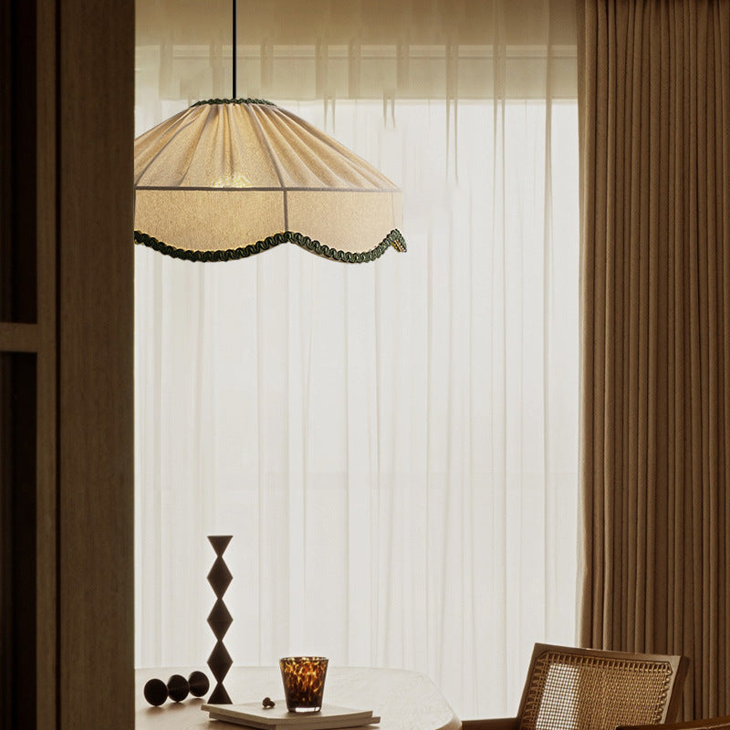 Traditional French Cream Round Cone Linen Fabric 1-Light Pendant Light For Living Room