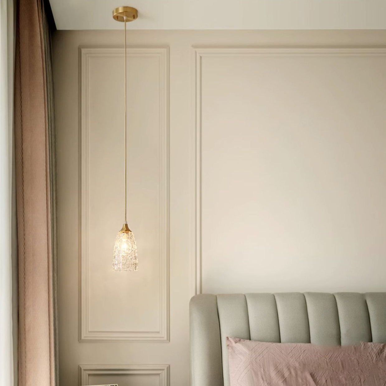 Modern Minimalist Flower Cup Shape Brass Glass 1-Light Pendant Light For Bedroom