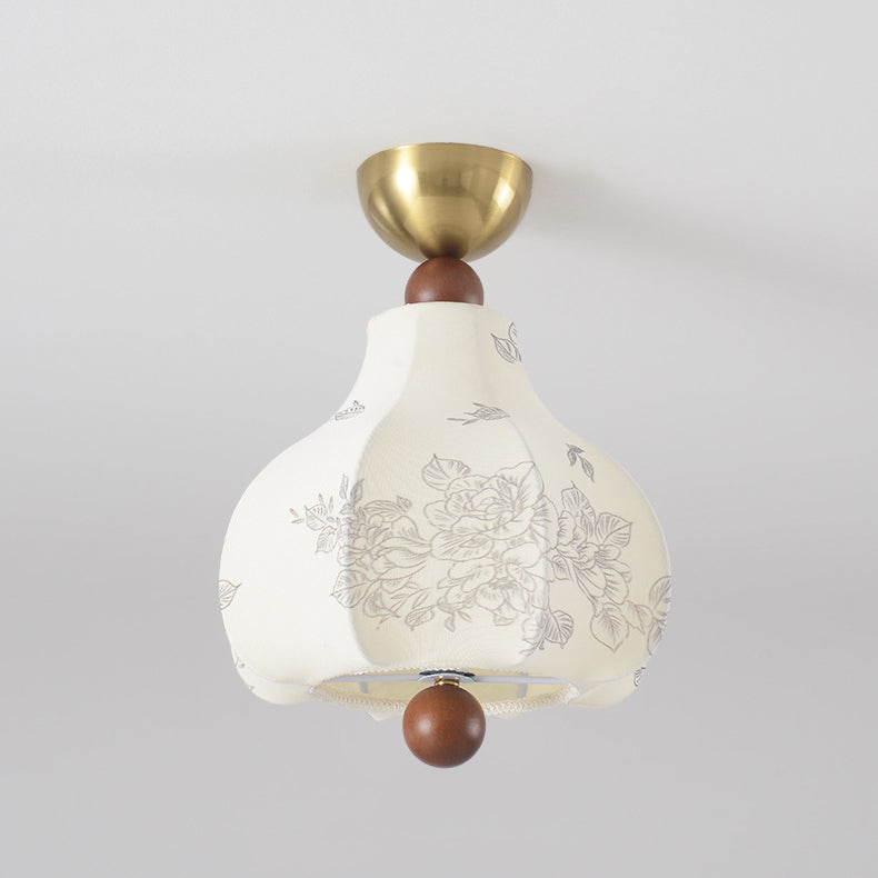 Traditional Vintage Domed Floral Printed Iron Wood Fabric 1-Light Semi-Flush Mount Ceiling Light For Living Room