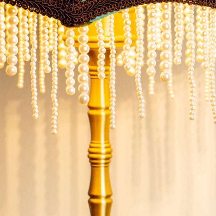 Traditional Vintage Dome Half Round Pearl Tassel Full Copper Fabric 1-Light Table Lamp For Bedroom