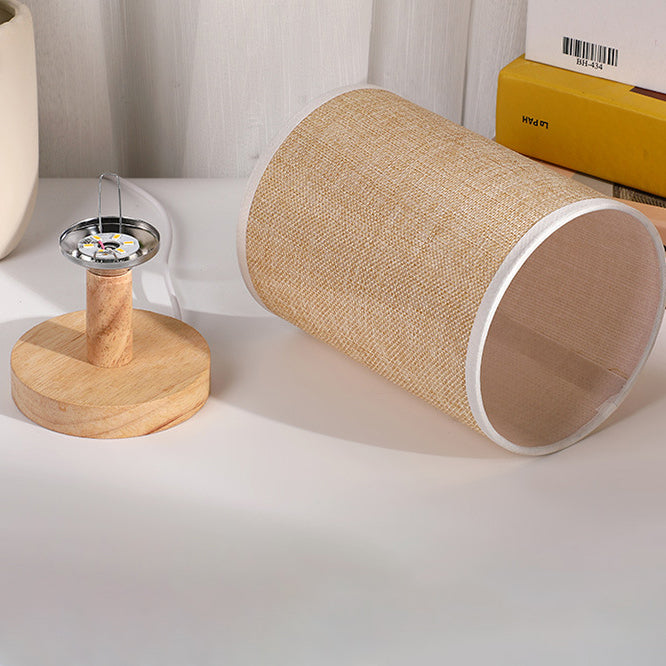 Modern Art Deco Cylindrical Wooden Base Fabric Shade LED Table Lamp For Bedroom
