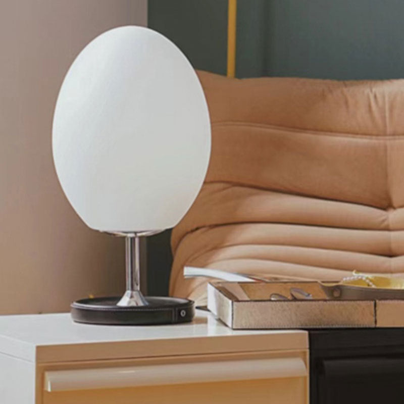 Modern Minimalist Egg Shape Metal Leather Base Glass Shade LED Table Lamp For Bedroom