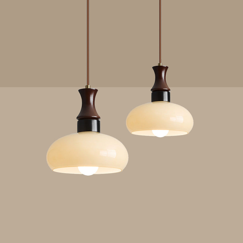 Traditional Vintage Round Oval Glass Shade Wood 1-Light Pendant Light For Living Room