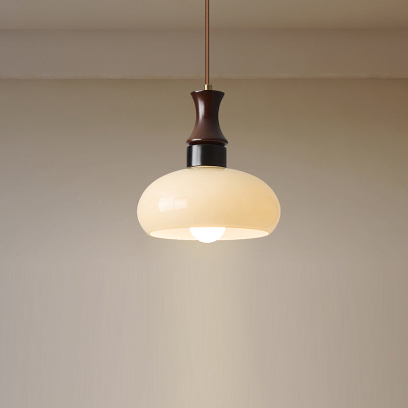 Traditional Vintage Round Oval Glass Shade Wood 1-Light Pendant Light For Living Room