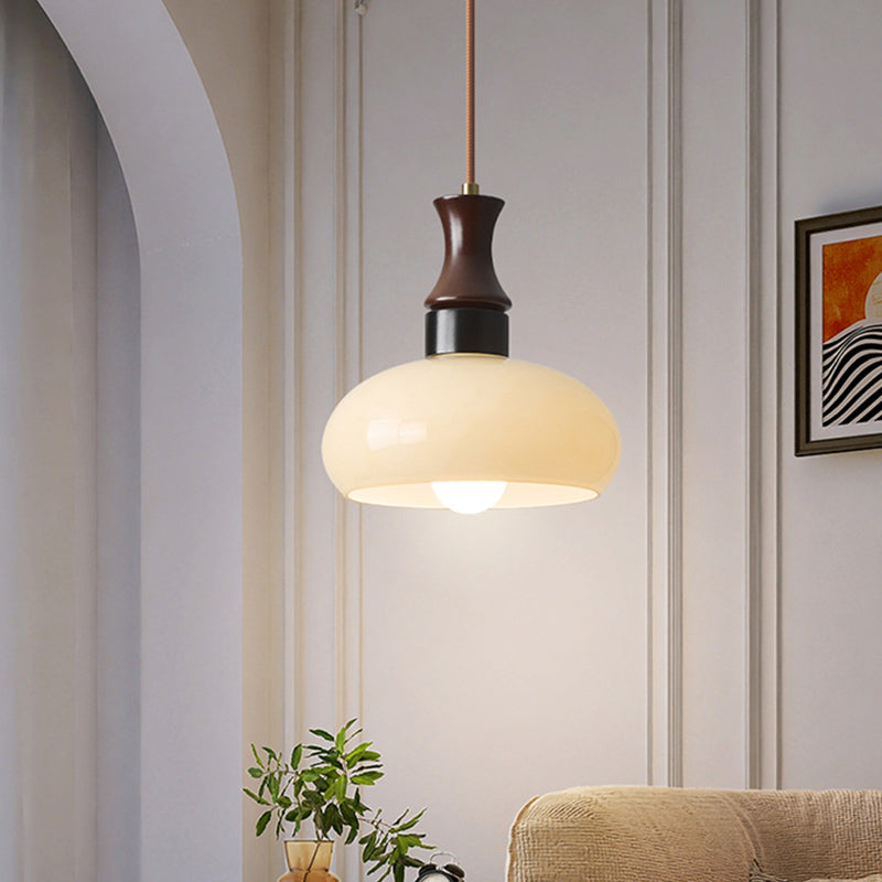 Traditional Vintage Round Oval Glass Shade Wood 1-Light Pendant Light For Living Room
