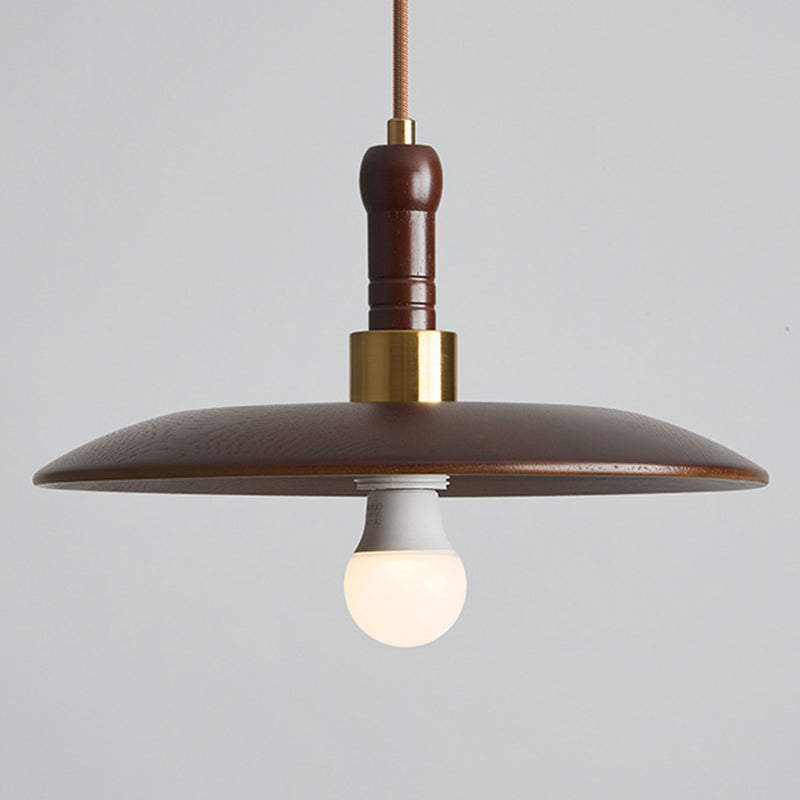 Traditional Vintage Round Disc Iron Wood Shade 1-Light Pendant Light For Living Room