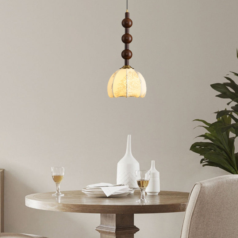 Traditional Vintage Dome Round Beads Floral Fabric Shade Wood Hardware Frame 1-Light Pendant Light For Living Room