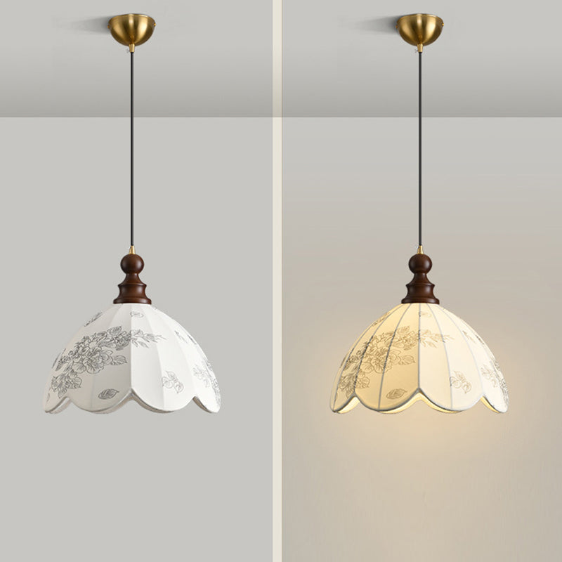 Traditional Vintage Dome Round Beads Floral Fabric Shade Wood Hardware Frame 1-Light Pendant Light For Living Room