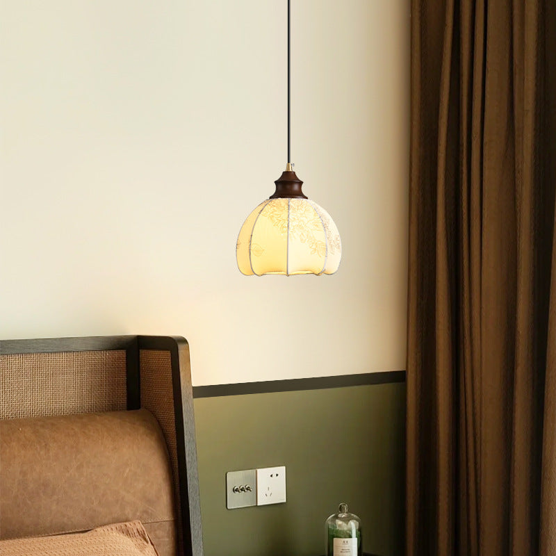 Traditional Vintage Dome Round Beads Floral Fabric Shade Wood Hardware Frame 1-Light Pendant Light For Living Room