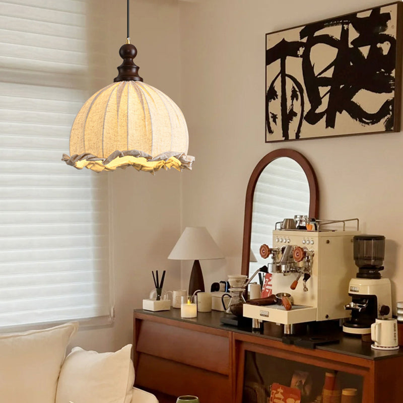 Traditional Vintage Dome Cylinder Lace Fabric Shade Wood Hardware Frame 1-Light Pendant Light For Living Room