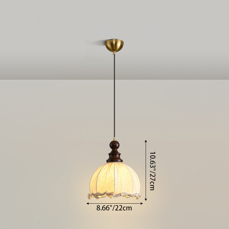 Traditional Vintage Dome Cylinder Lace Fabric Shade Wood Hardware Frame 1-Light Pendant Light For Living Room