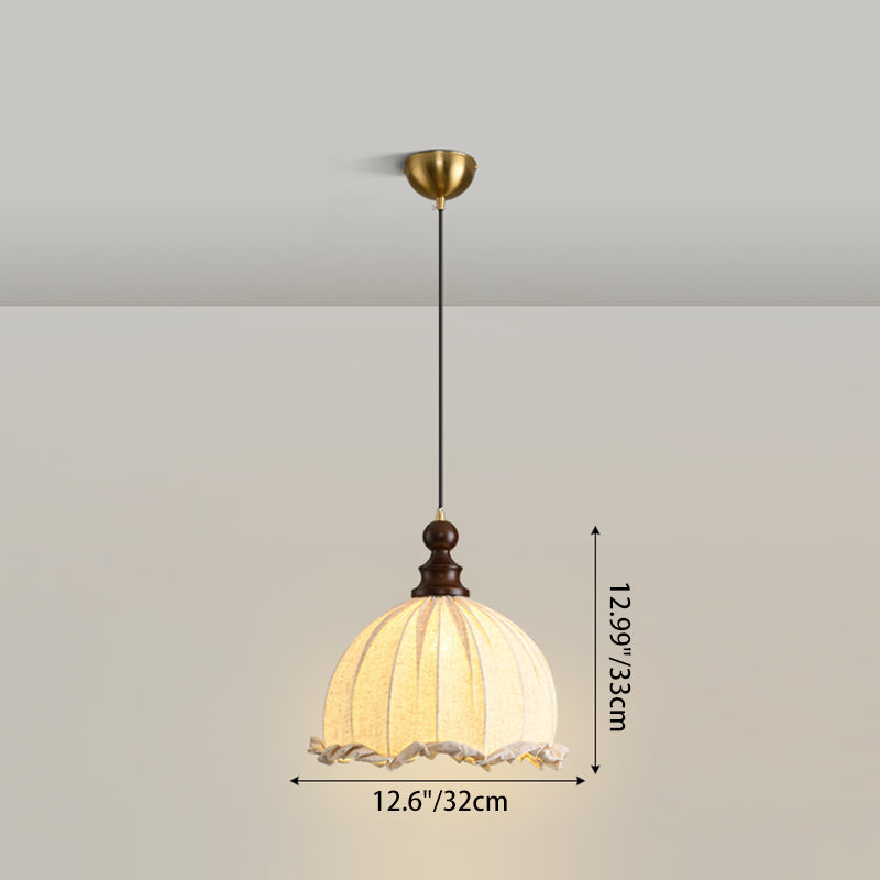 Traditional Vintage Dome Cylinder Lace Fabric Shade Wood Hardware Frame 1-Light Pendant Light For Living Room