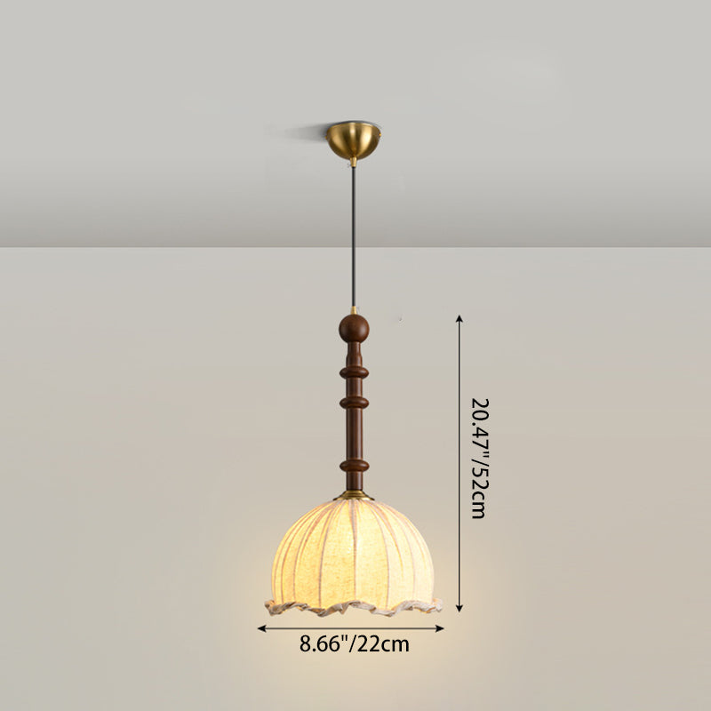 Traditional Vintage Dome Cylinder Lace Fabric Shade Wood Hardware Frame 1-Light Pendant Light For Living Room