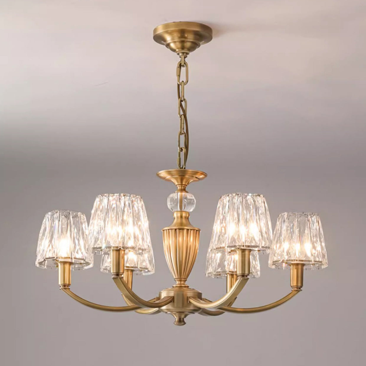 Contemporary Luxury Branch Round Trapezoidal Crystal Shade Candle Holder Full Brass Frame 6/8 Light Chandelier For Living Room