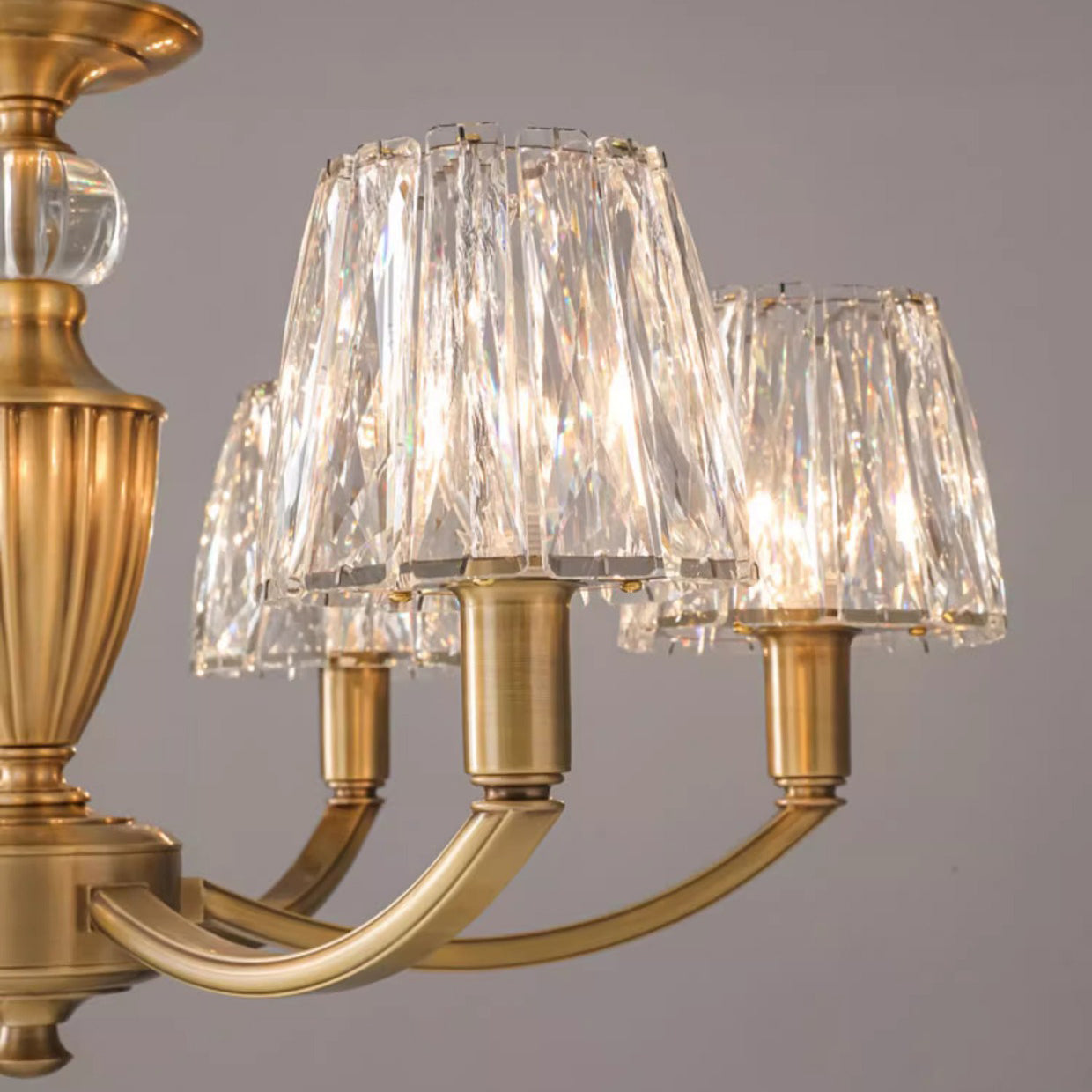 Contemporary Luxury Branch Round Trapezoidal Crystal Shade Candle Holder Full Brass Frame 6/8 Light Chandelier For Living Room