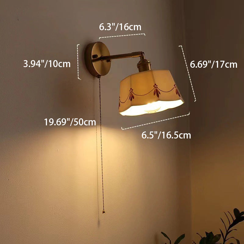 Traditional Chinese Octagonal Trapezoidal Firework Printed Ceramic Shade Brass 1-Light Wall Sconce Lamp For Living Room