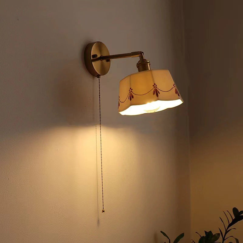 Traditional Chinese Octagonal Trapezoidal Firework Printed Ceramic Shade Brass 1-Light Wall Sconce Lamp For Living Room