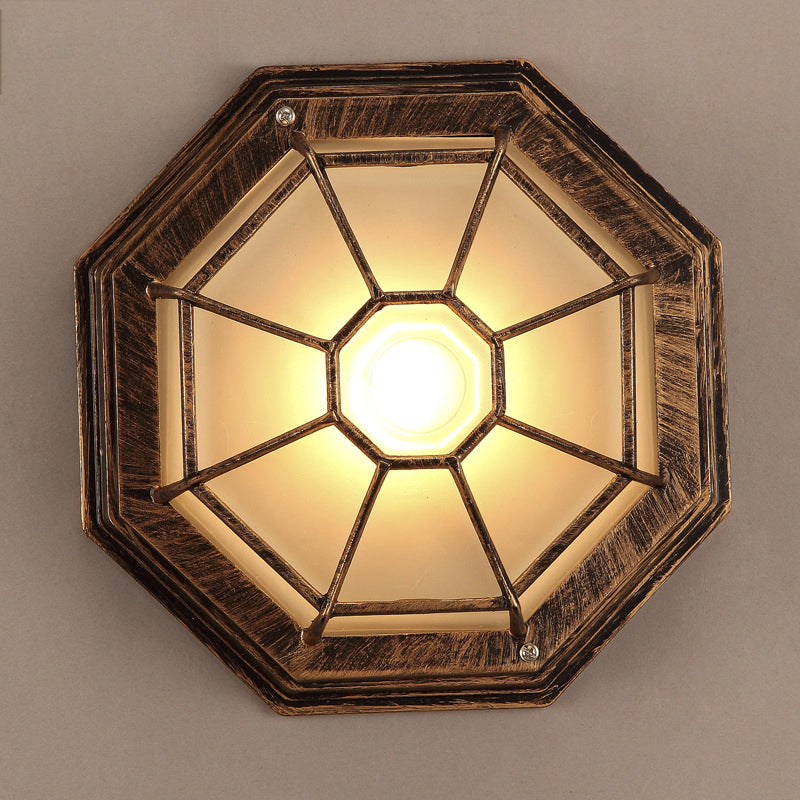 Contemporary Industrial Round Octagonal Iron Frame Glass Shade 1-Light Flush Mount Ceiling Light For Living Room