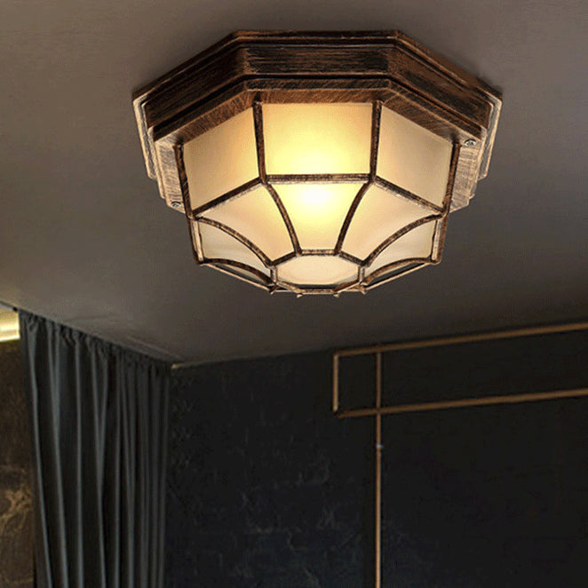 Contemporary Industrial Round Octagonal Iron Frame Glass Shade 1-Light Flush Mount Ceiling Light For Living Room