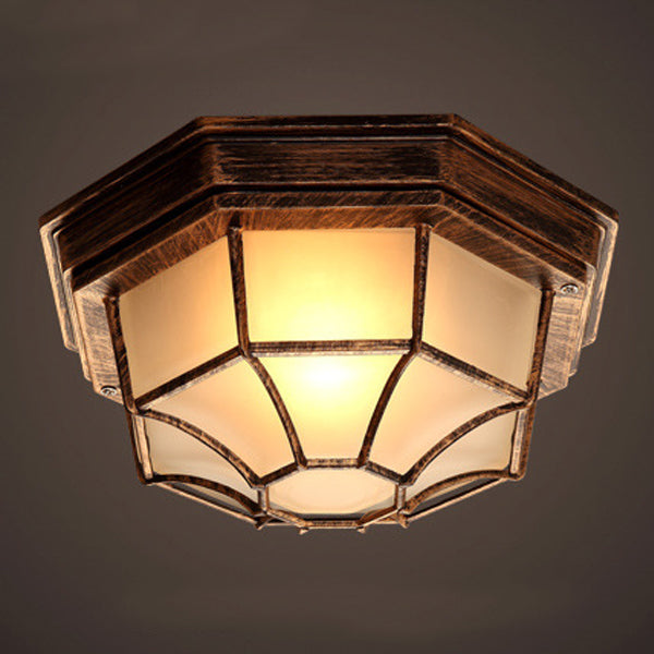Contemporary Industrial Round Octagonal Iron Frame Glass Shade 1-Light Flush Mount Ceiling Light For Living Room