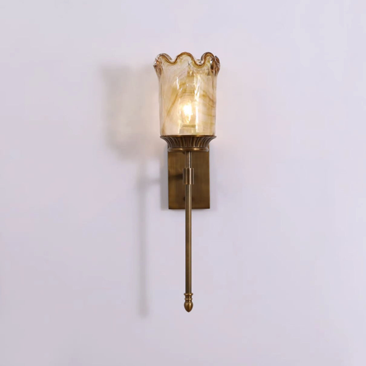 Traditional Vintage Flower Cup Shape Cylinder Full Copper Pole Glass Shade 1-Light Wall Sconce Lamp For Living Room