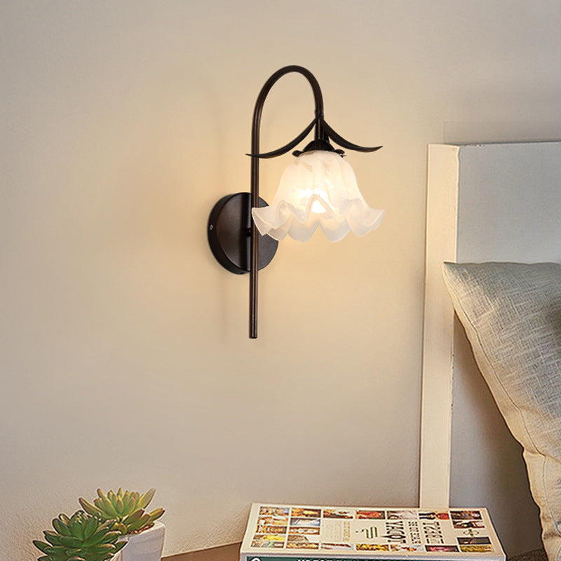 Modern Minimalist Curved Pole Bellflower Iron Frame Glass Shade 1-Light Wall Sconce Lamp For Living Room