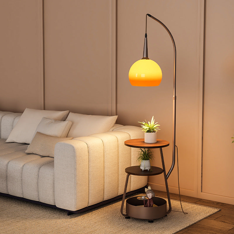 Contemporary Retro Fishing Rod Round Globe Wooden Coffee Table Iron Frame Glass Shade 1-Light Standing Floor Lamp For Living Room