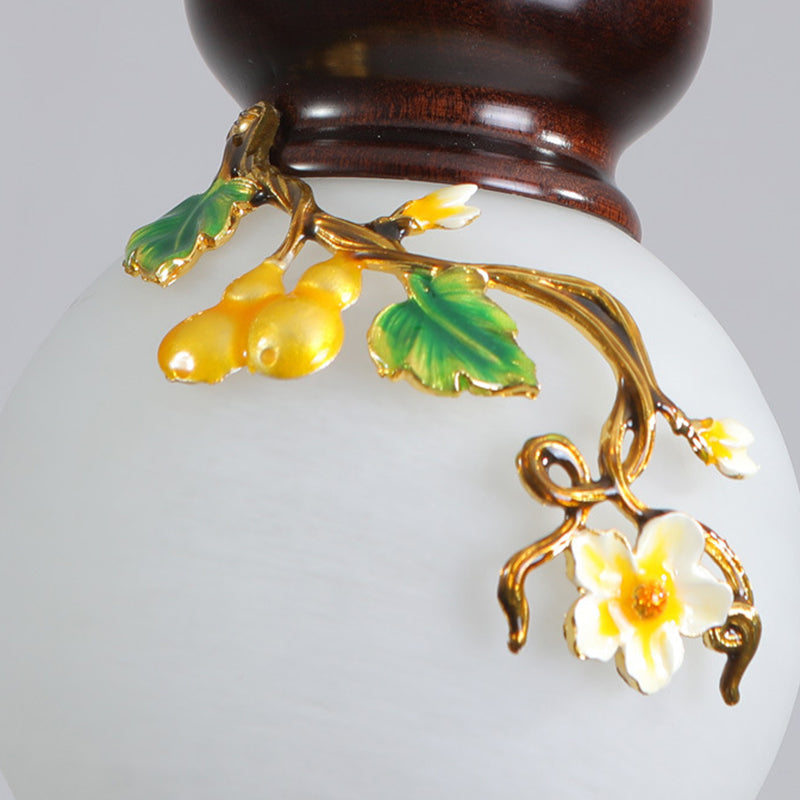 Traditional Chinese Round Gourd Wood Brass Enameled Glass Shade 1/3/6 Light Chandelier For Living Room