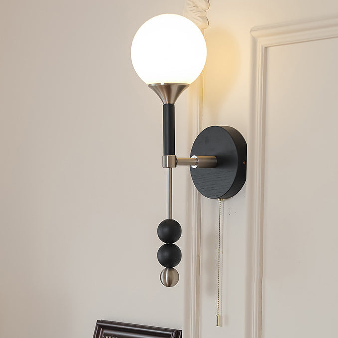 Traditional Vintage Cylinder Orb Beads Alloy Wood Glass Shade 1-Light Wall Sconce Lamp For Living Room