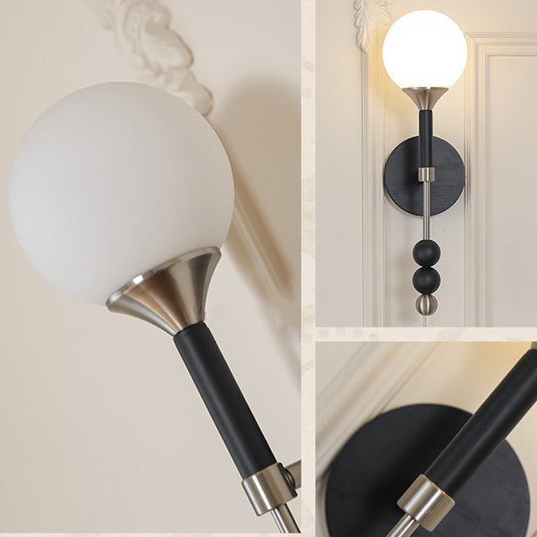Traditional Vintage Cylinder Orb Beads Alloy Wood Glass Shade 1-Light Wall Sconce Lamp For Living Room