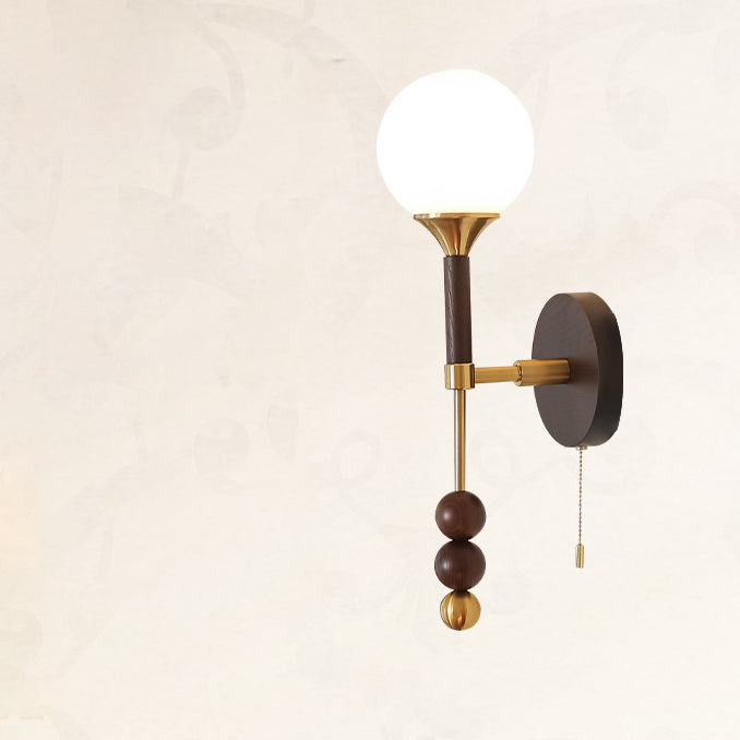 Traditional Vintage Cylinder Orb Beads Alloy Wood Glass Shade 1-Light Wall Sconce Lamp For Living Room
