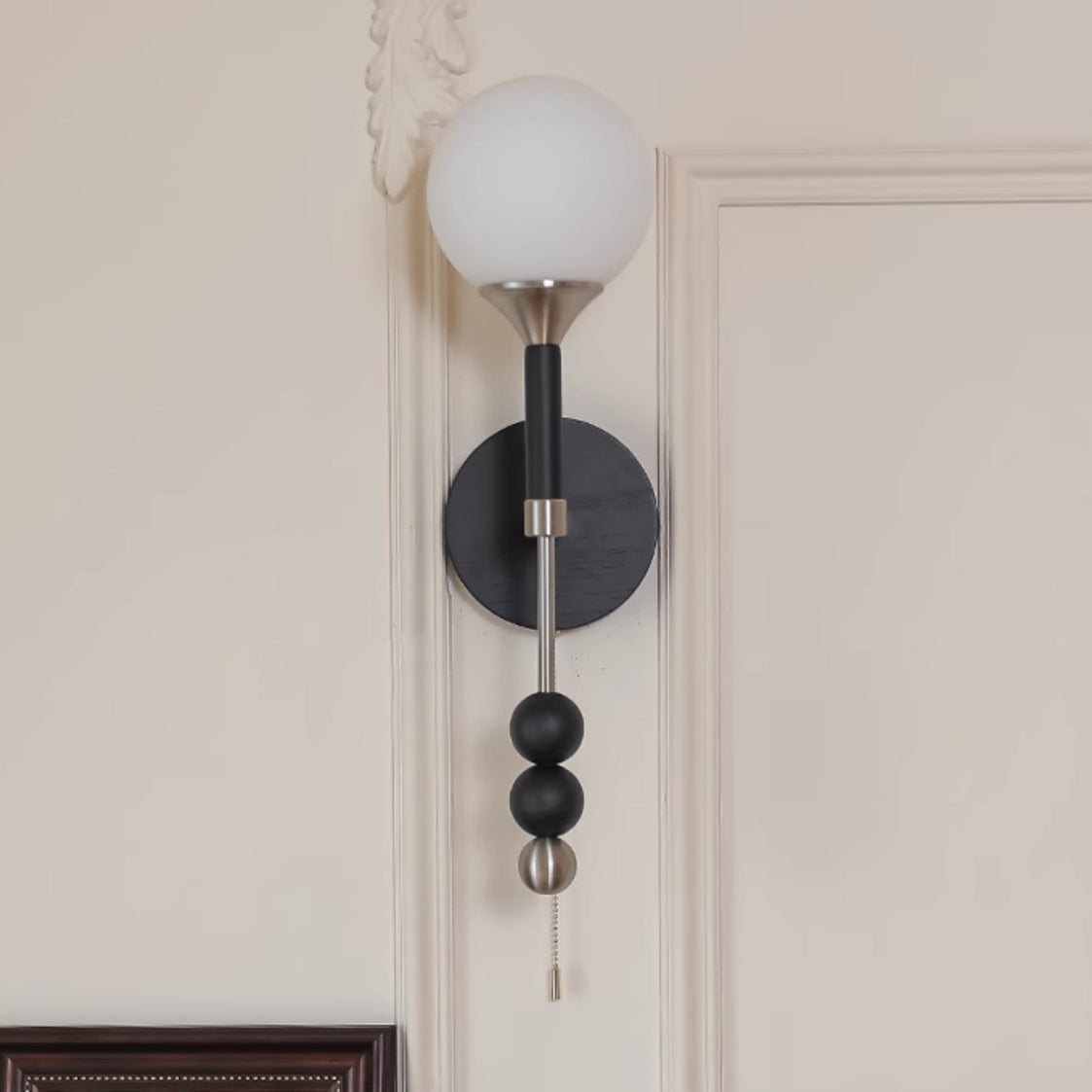 Traditional Vintage Cylinder Orb Beads Alloy Wood Glass Shade 1-Light Wall Sconce Lamp For Living Room