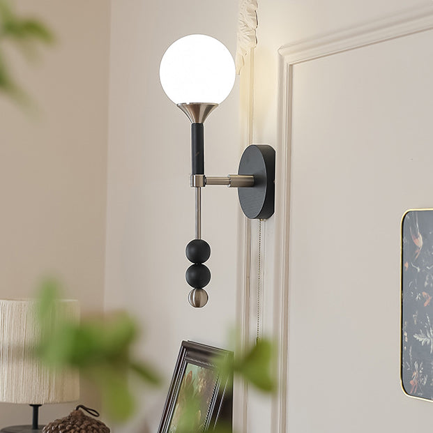Traditional Vintage Cylinder Orb Beads Alloy Wood Glass Shade 1-Light Wall Sconce Lamp For Living Room