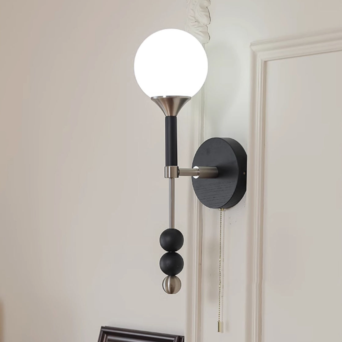 Traditional Vintage Cylinder Orb Beads Alloy Wood Glass Shade 1-Light Wall Sconce Lamp For Living Room