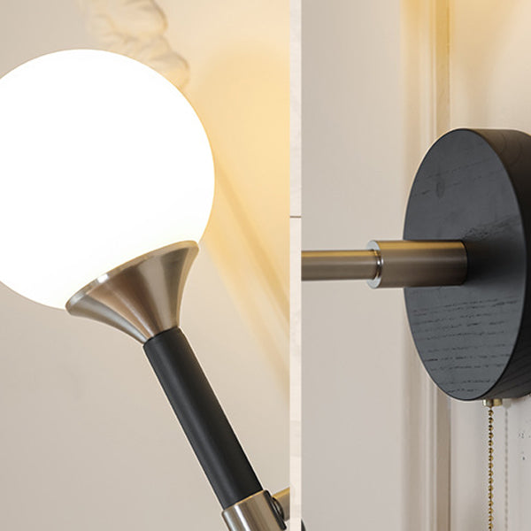 Traditional Vintage Cylinder Orb Beads Alloy Wood Glass Shade 1-Light Wall Sconce Lamp For Living Room